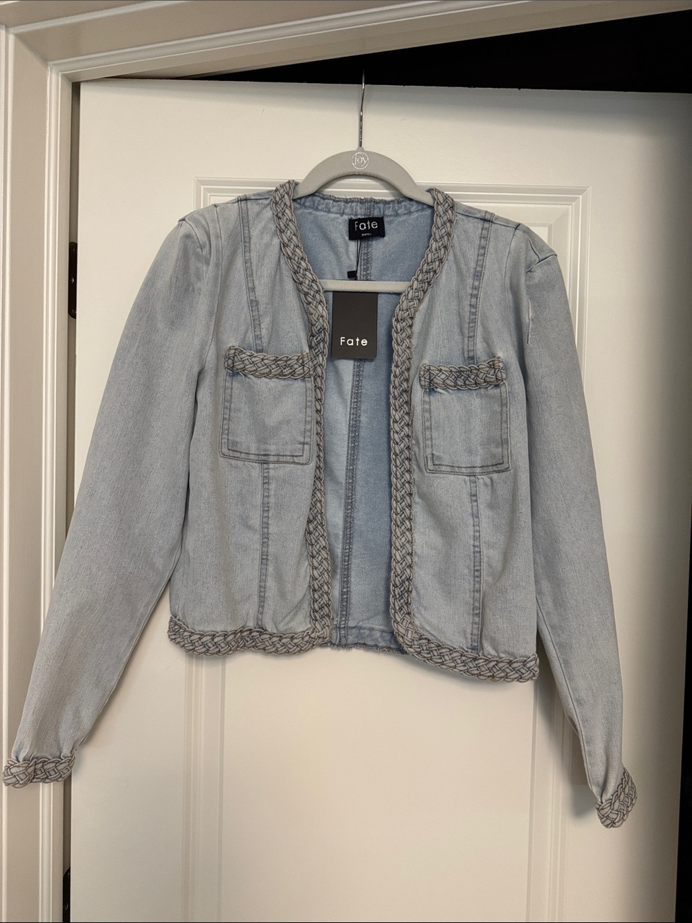 Fate Light Blue Braided-Trim Denim Jacket